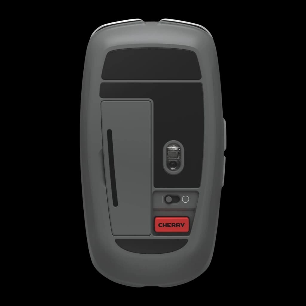 Cherry Stream Desktop Pale Gray gris, vue dessous souris: capteur optique, couvercle batterie et logo Cherry rouge