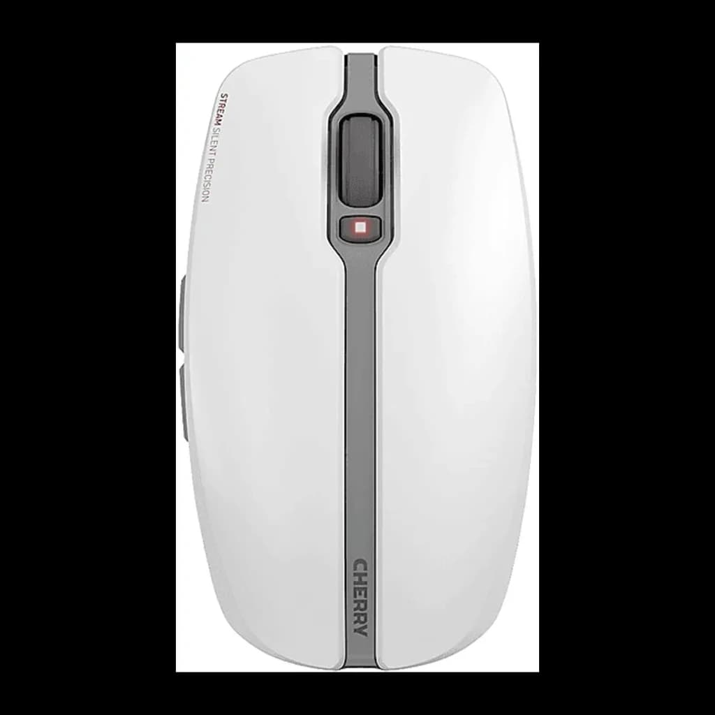 Cherry Stream Desktop Pale Gray gris, vue dessus souris: molette grise centrale, bouton DPI rouge et logo Cherry
