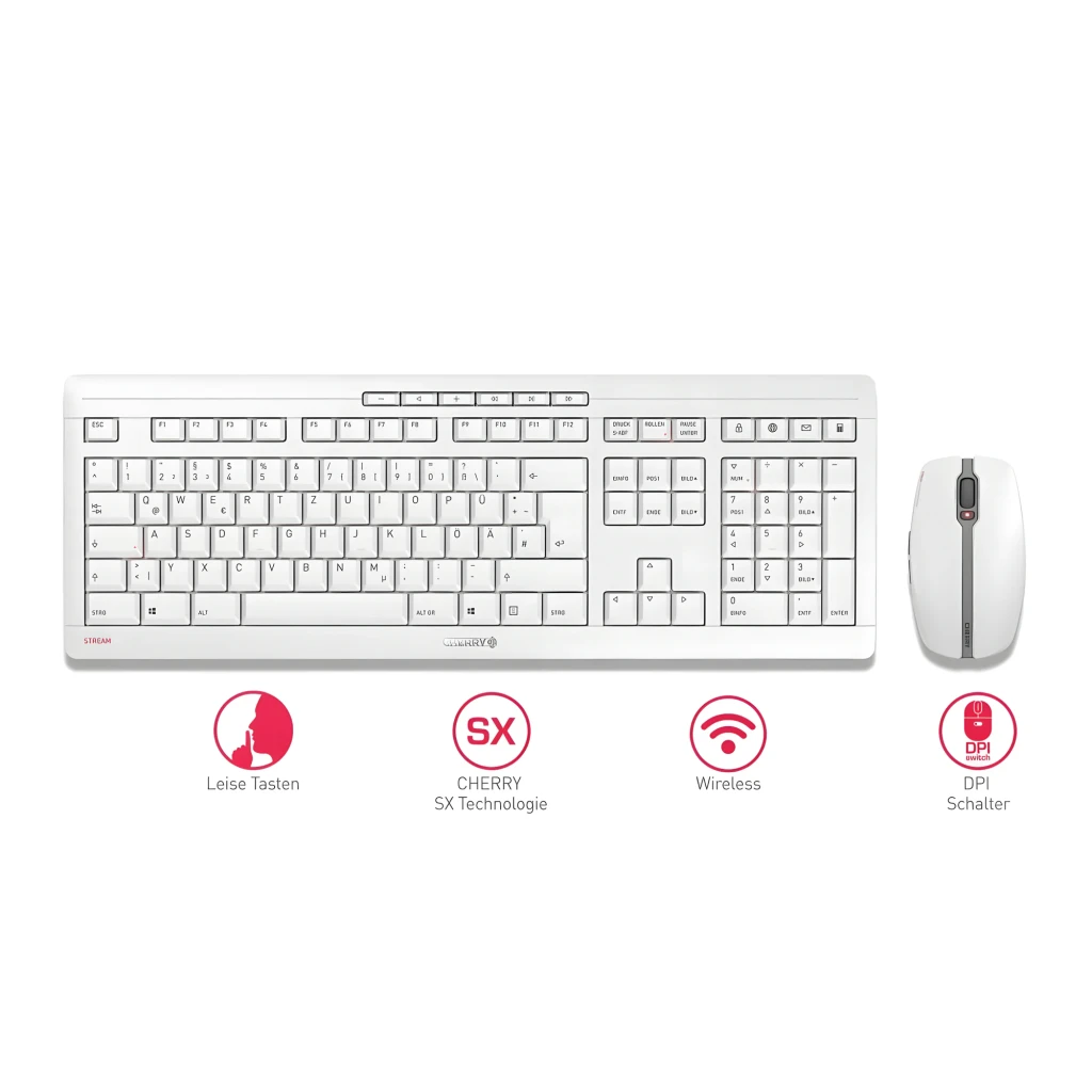 Cherry Stream Desktop Pale Gray gris, vue de dessus: clavier complet et souris sans fil gris clair avec accents gris - Ítem4
