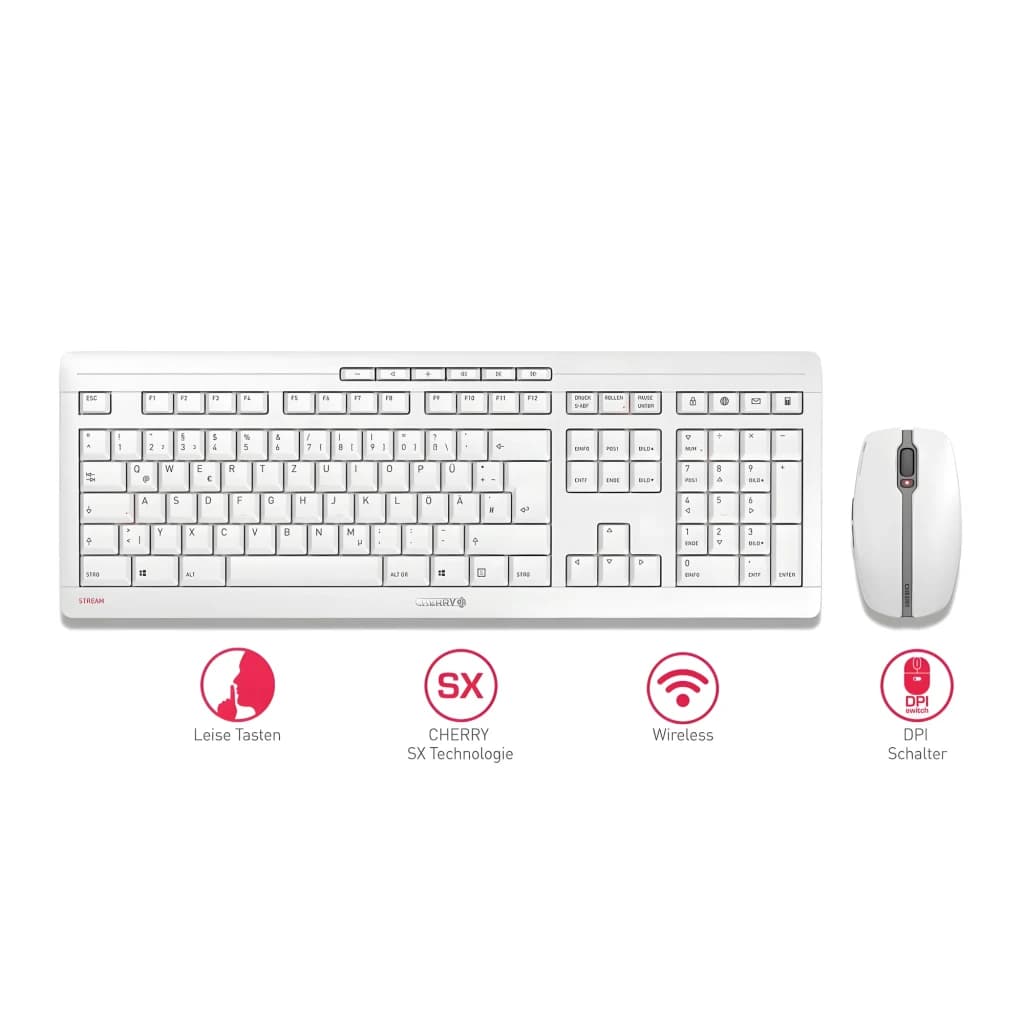 Cherry Stream Desktop gris, vue de dessus: clavier complet et souris sans fil avec icônes technologie SX et DPI