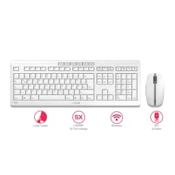 Cherry Stream Desktop gris, vue de dessus: clavier complet et souris sans fil avec icônes technologie SX et DPI