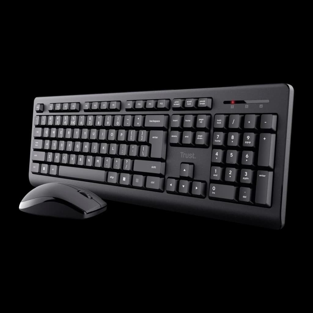 Trust Primo pack clavier et souris sans fil noir, vue diagonale: clavier complet avec pavé numérique, souris noire devant à