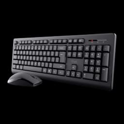 Trust Primo pack clavier et souris sans fil noir, vue diagonale: clavier complet avec pavé numérique, souris noire devant à