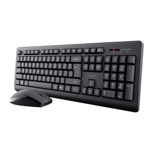 Trust Primo Pack teclado y ratón inalámbrico negro, vista diagonal: teclado completo con teclado numérico, ratón negro
