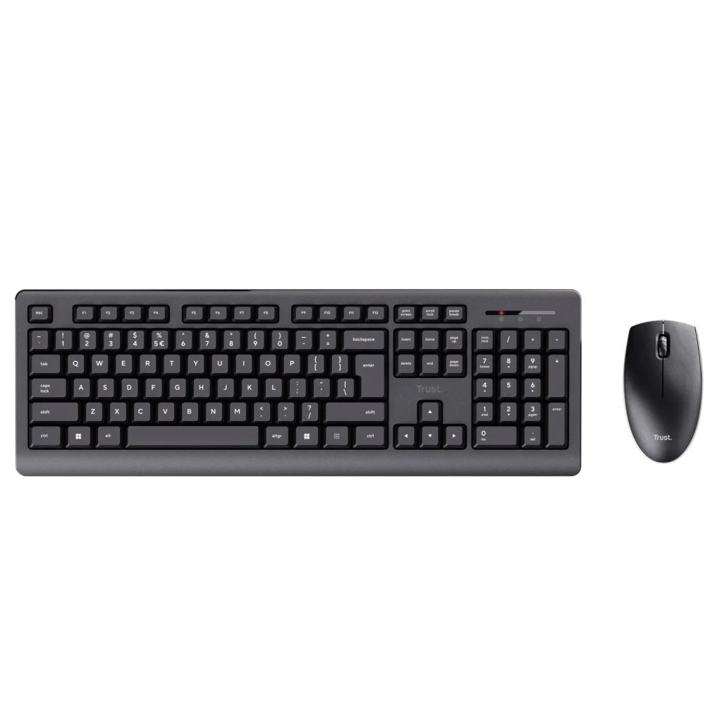 Trust Primo Pack teclado y ratón inalámbrico negro, vista diagonal: teclado completo con teclado numérico, ratón negro - Ítem1