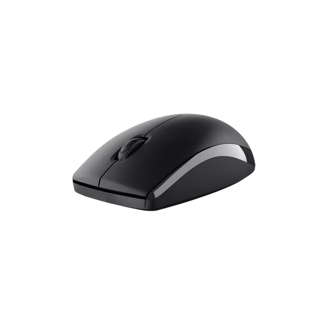 Trust Pack clavier et souris sans fil Primo noir, vue latérale: souris noire avec molette centrale et détail gris sur le côté