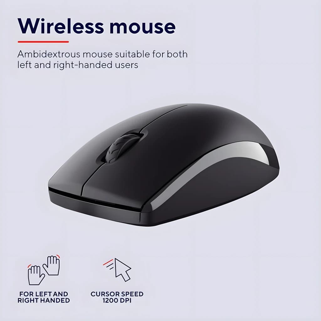 Trust Primo pack clavier et souris sans fil noir, détail souris: vue en perspective, design ambidextre avec molette et côtés