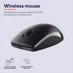 Trust Primo pack clavier et souris sans fil noir, détail souris: vue en perspective, design ambidextre avec molette et côtés