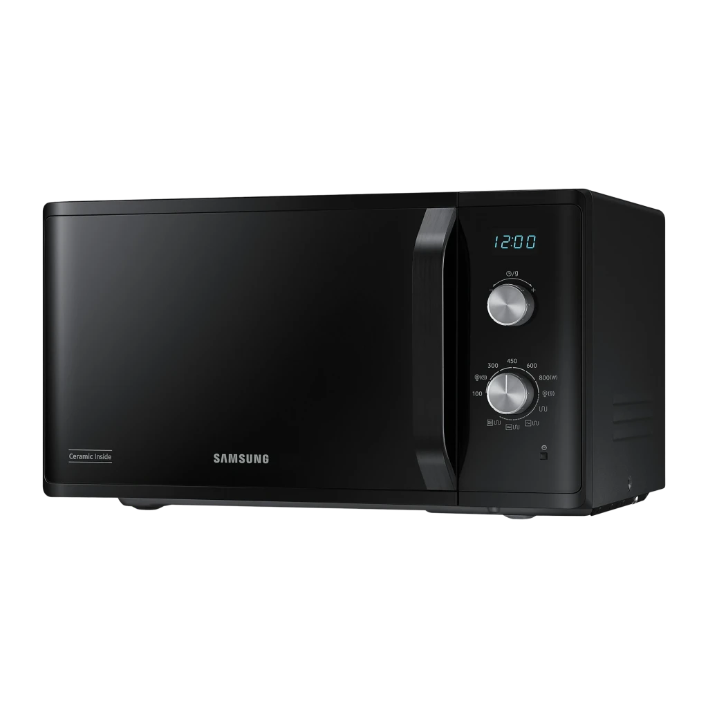 Samsung Micro-ondes MG23K3614AK 23L Noir, vue de face: porte miroir, boutons argentés et affichage bleu 12:00 - Ítem1