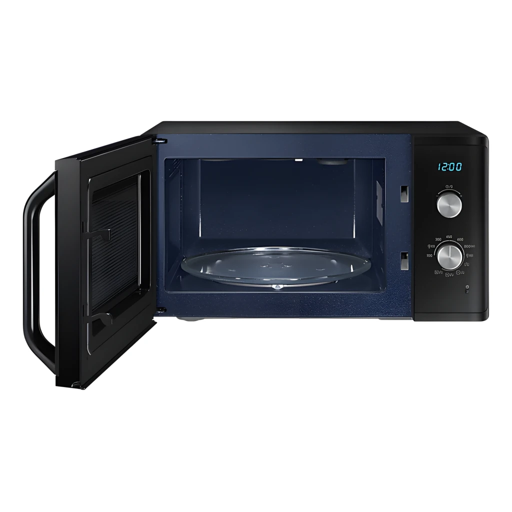 Samsung Micro-ondes MG23K3614AK 23L Noir, vue de face: porte miroir, boutons argentés et affichage bleu 12:00 - Ítem2