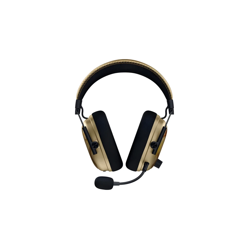 Razer BlackShark V3 Pro CS2 Edition dorado, vista lateral: auricular con dragón rojo en cápsula y micrófono desplegado - Ítem4