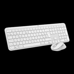 Logitech Signature Slim Combo MK950 gris, vista en ángulo: teclado completo con teclado numérico y ratón a la derecha