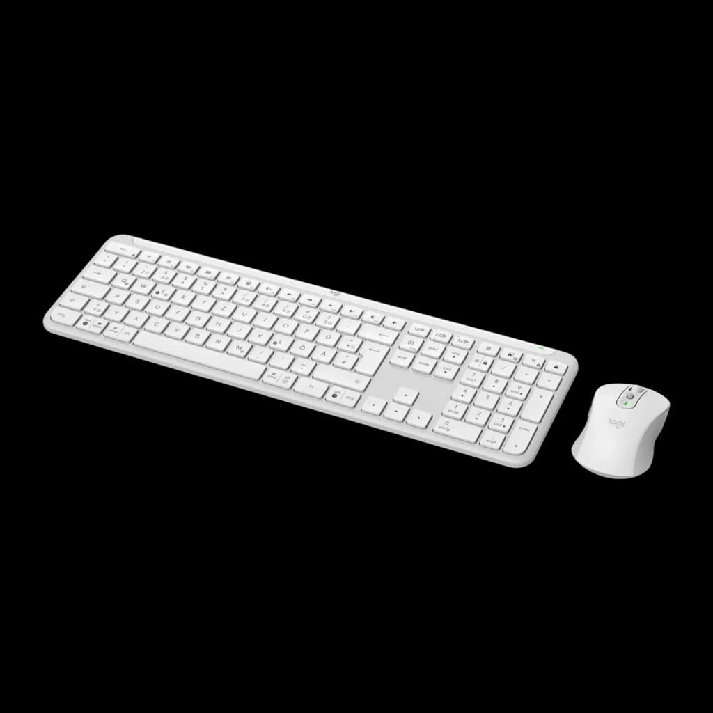 Logitech Signature Slim Combo MK950 gris, ángulo lateral izquierdo: teclado en diagonal mostrando grosor fino y ratón