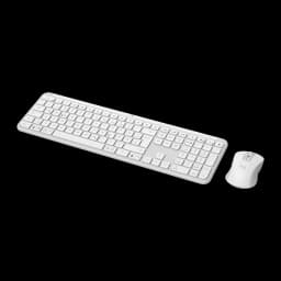 Logitech Signature Slim Combo MK950 gris, ángulo lateral izquierdo: teclado en diagonal mostrando grosor fino y ratón