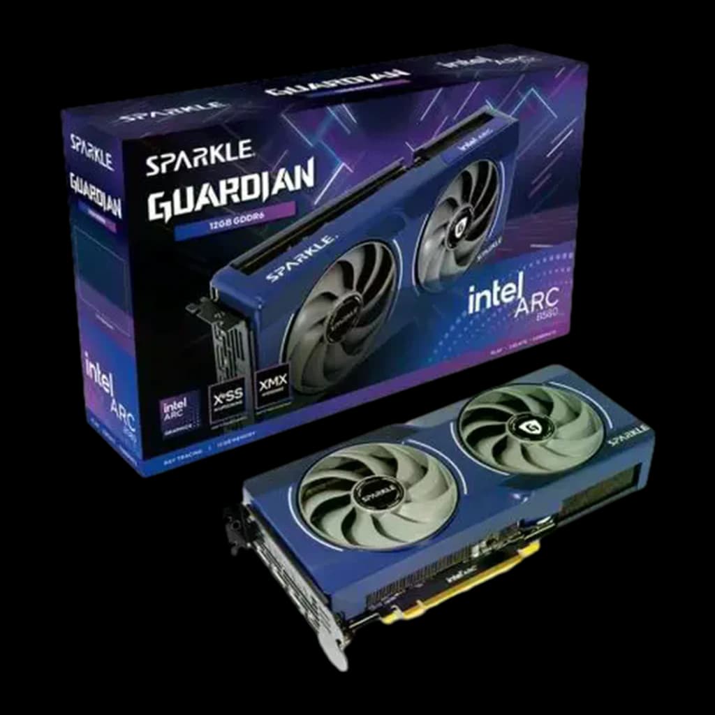 SPARKLE Intel Arc B580 Guardian 12GB azul, tarjeta y caja: GPU con doble ventilador frente a su packaging Guardian