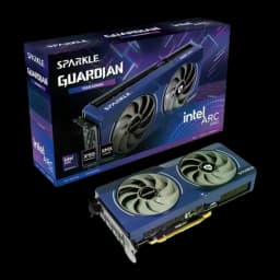 SPARKLE Intel Arc B580 Guardian 12GB azul, tarjeta y caja: GPU con doble ventilador frente a su packaging Guardian