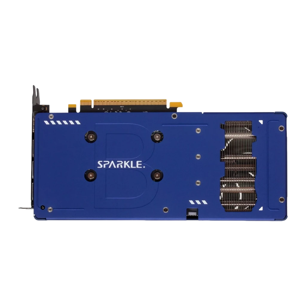 SPARKLE Intel Arc B580 Guardian 12GB azul, placa e caixa: GPU duplo ventilador ao lado da embalagem Guardian - Item2