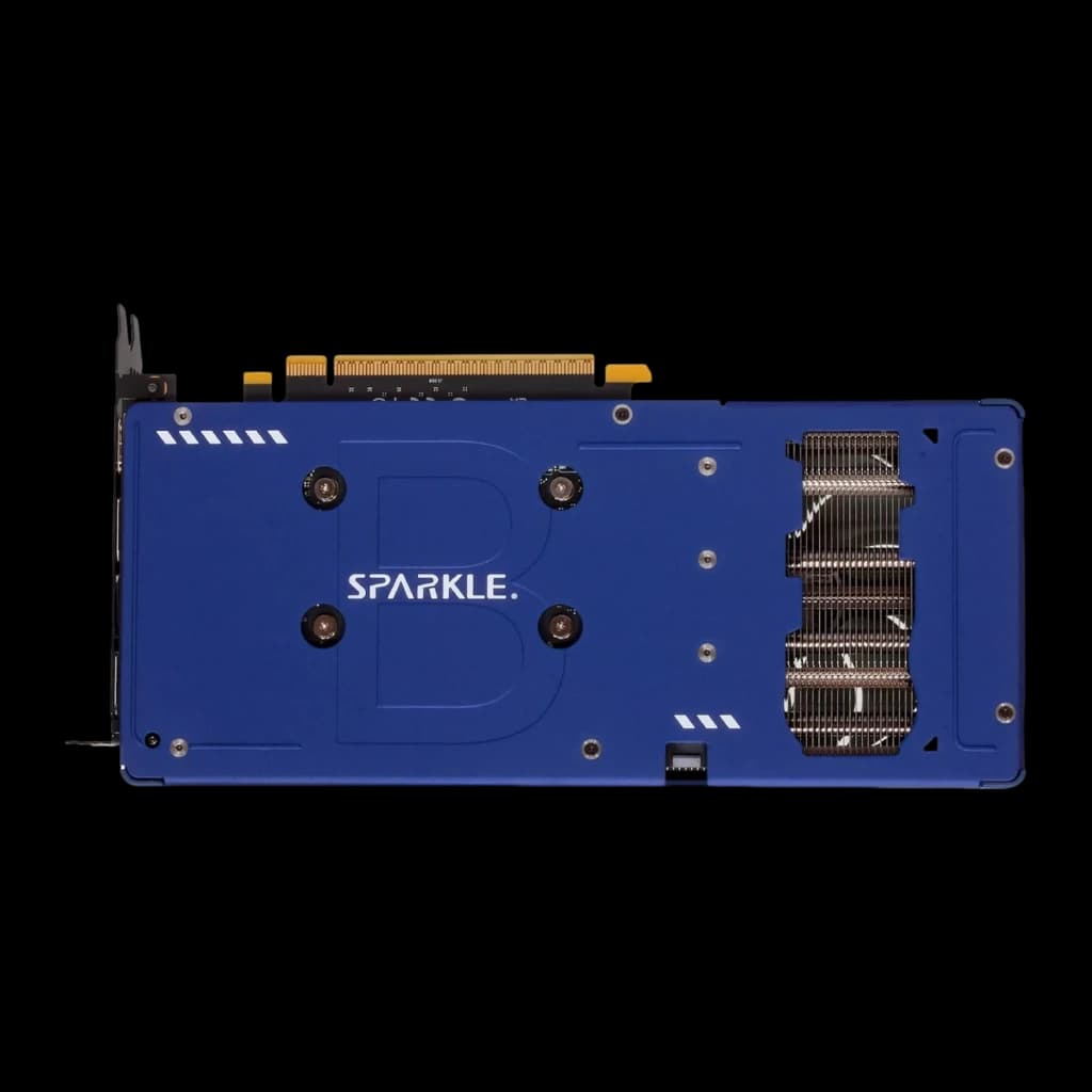 SPARKLE Intel Arc B580 Guardian 12GB azul, vista trasera: backplate azul con logo B, disipador lateral y conector PCIe