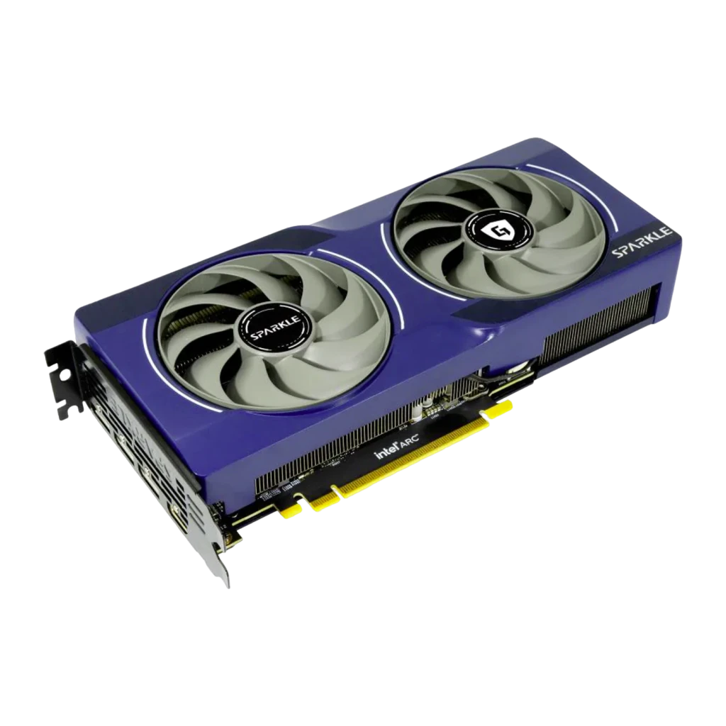 SPARKLE Intel Arc B580 Guardian 12GB azul, placa e caixa: GPU duplo ventilador ao lado da embalagem Guardian - Item3