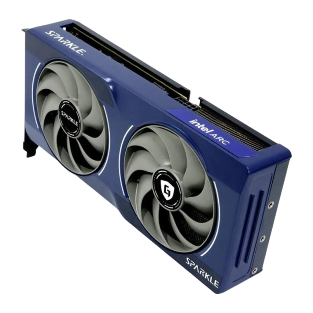SPARKLE Intel Arc B580 Guardian 12GB azul, placa e caixa: GPU duplo ventilador ao lado da embalagem Guardian - Item4