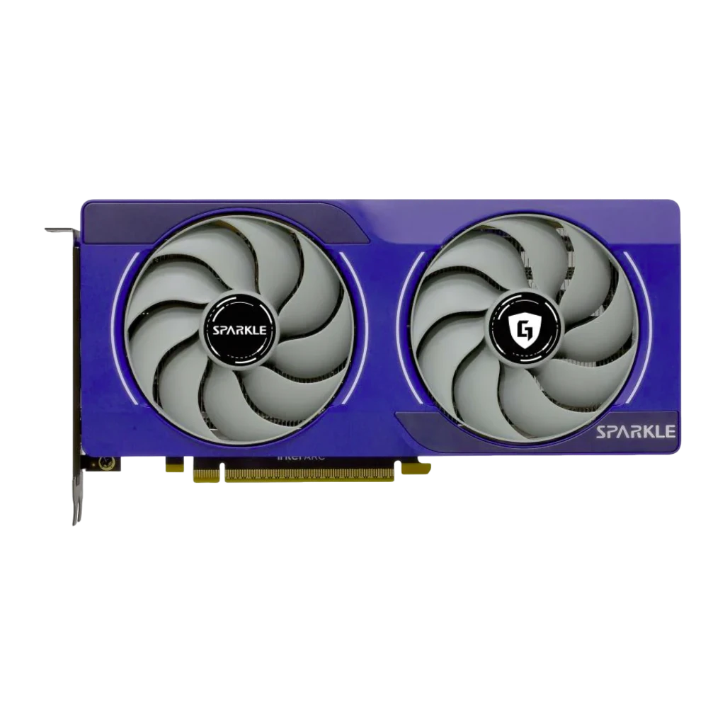 SPARKLE Intel Arc B580 Guardian 12GB azul, placa e caixa: GPU duplo ventilador ao lado da embalagem Guardian - Item1
