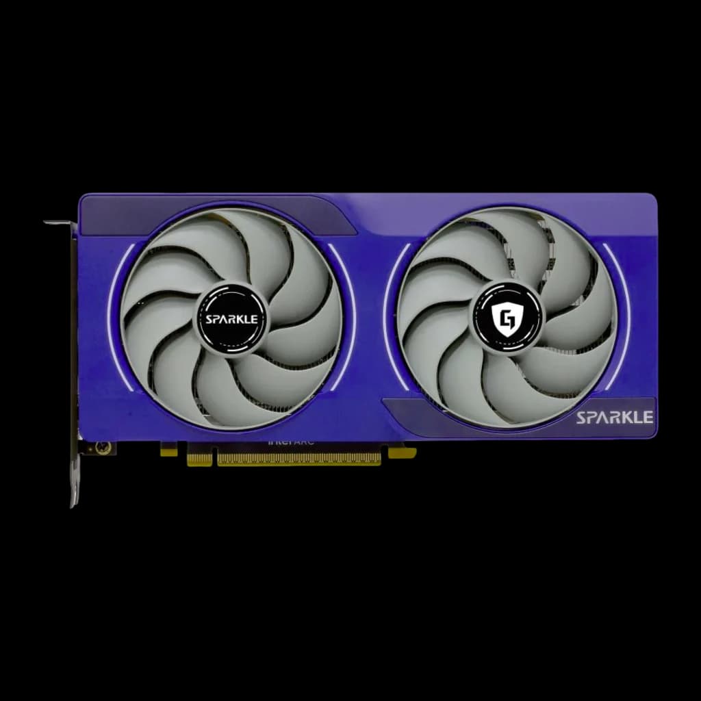 SPARKLE Intel Arc B580 Guardian 12GB azul, vista frontal: cubierta azul con dos ventiladores grises y logo SPARKLE
