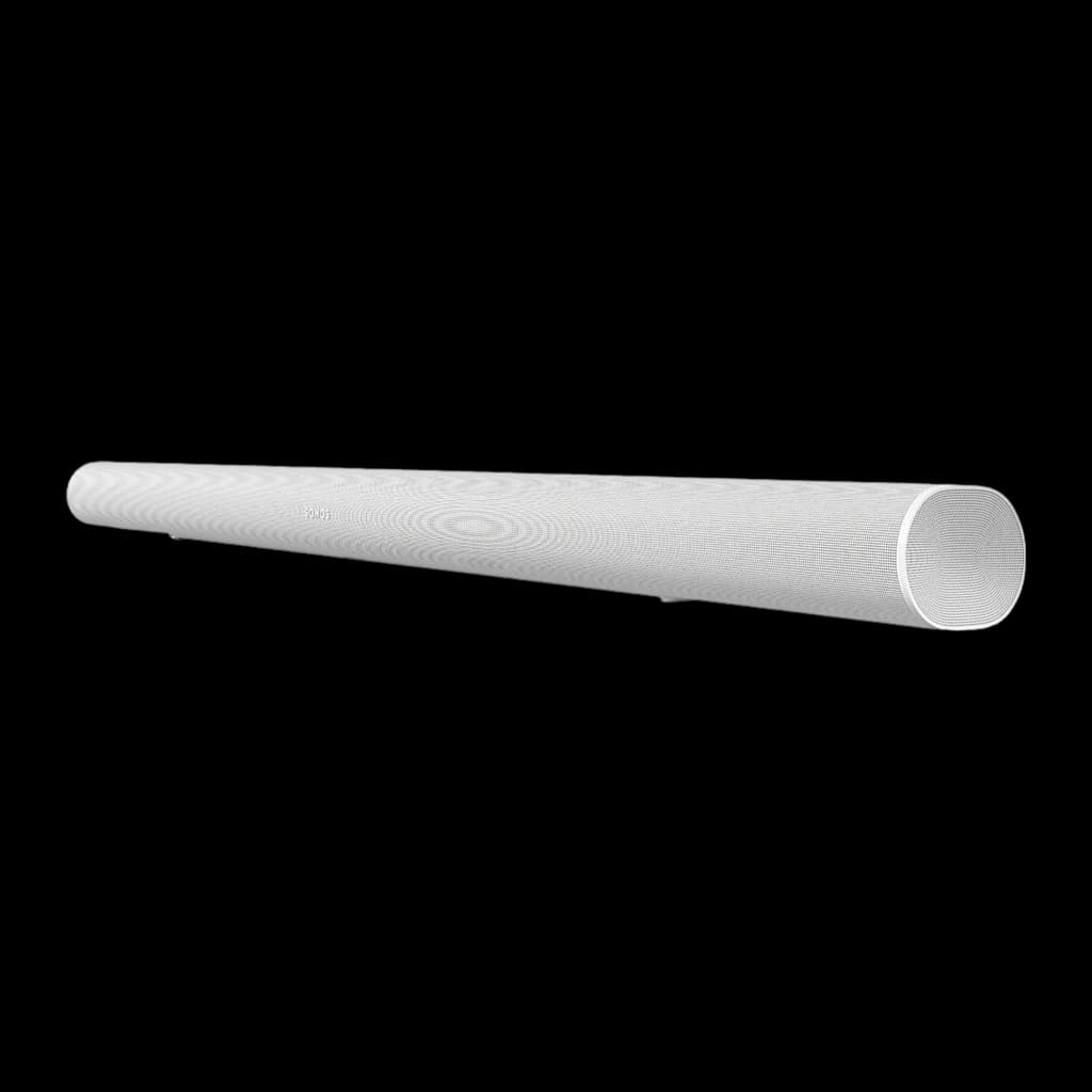 Sonos Arc Ultra blanc, vue latérale diagonale: forme cylindrique allongée avec grille en tissu et extrémité arrondie visible