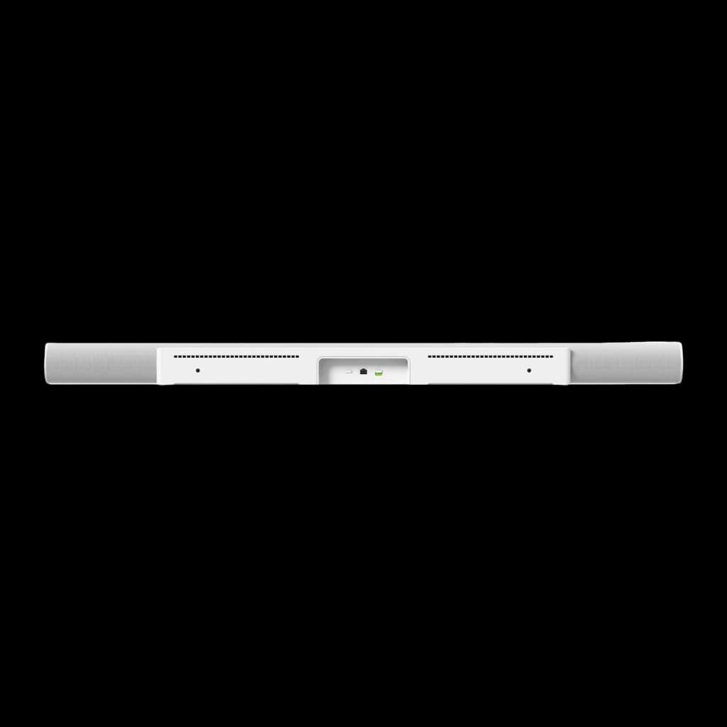 Sonos Arc Ultra blanc, vue arrière: panneau de connecteurs central, grilles de ventilation et haut-parleurs latéraux