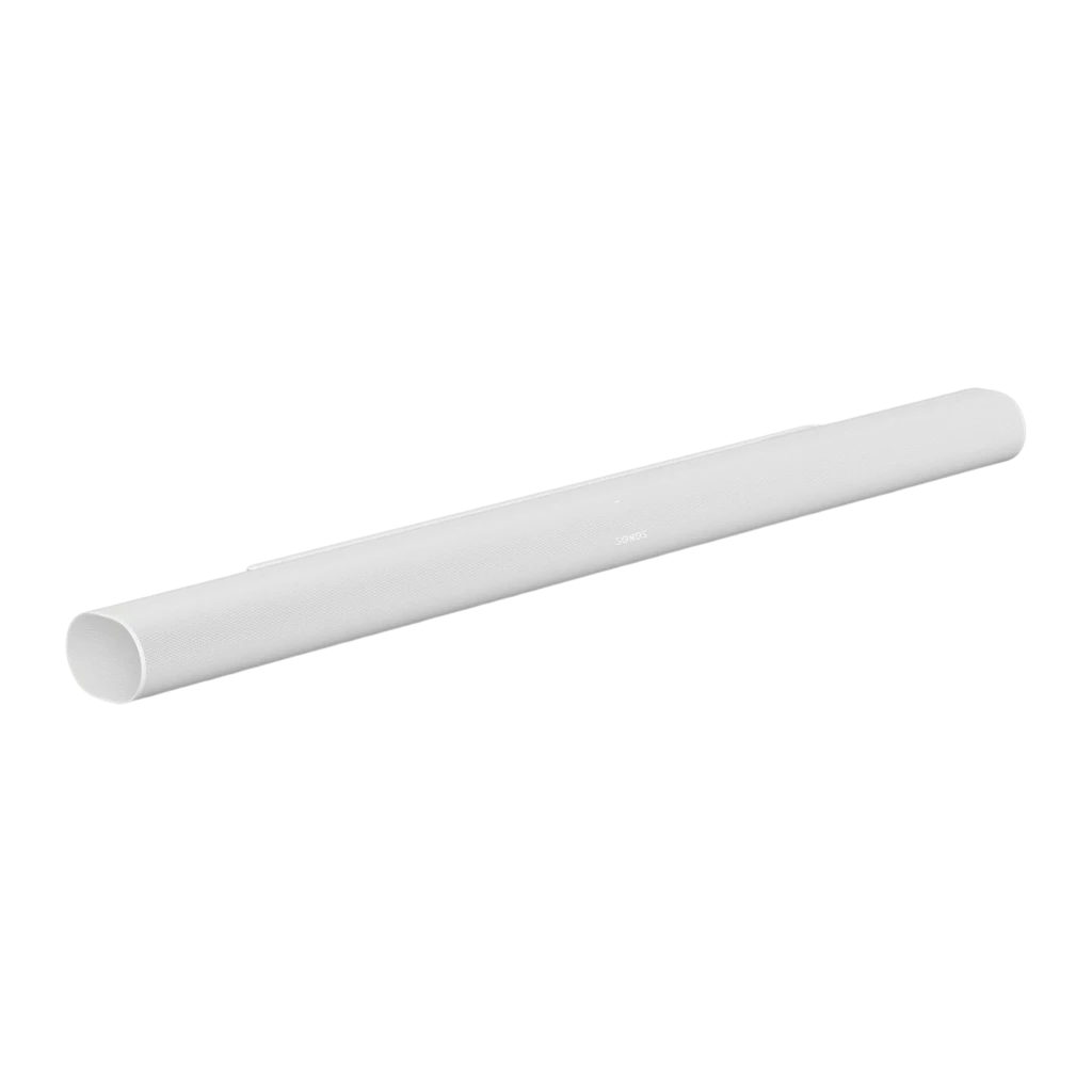 Sonos Arc Ultra blanc, vue latérale diagonale: forme cylindrique allongée avec grille en tissu et extrémité arrondie visible - Ítem2