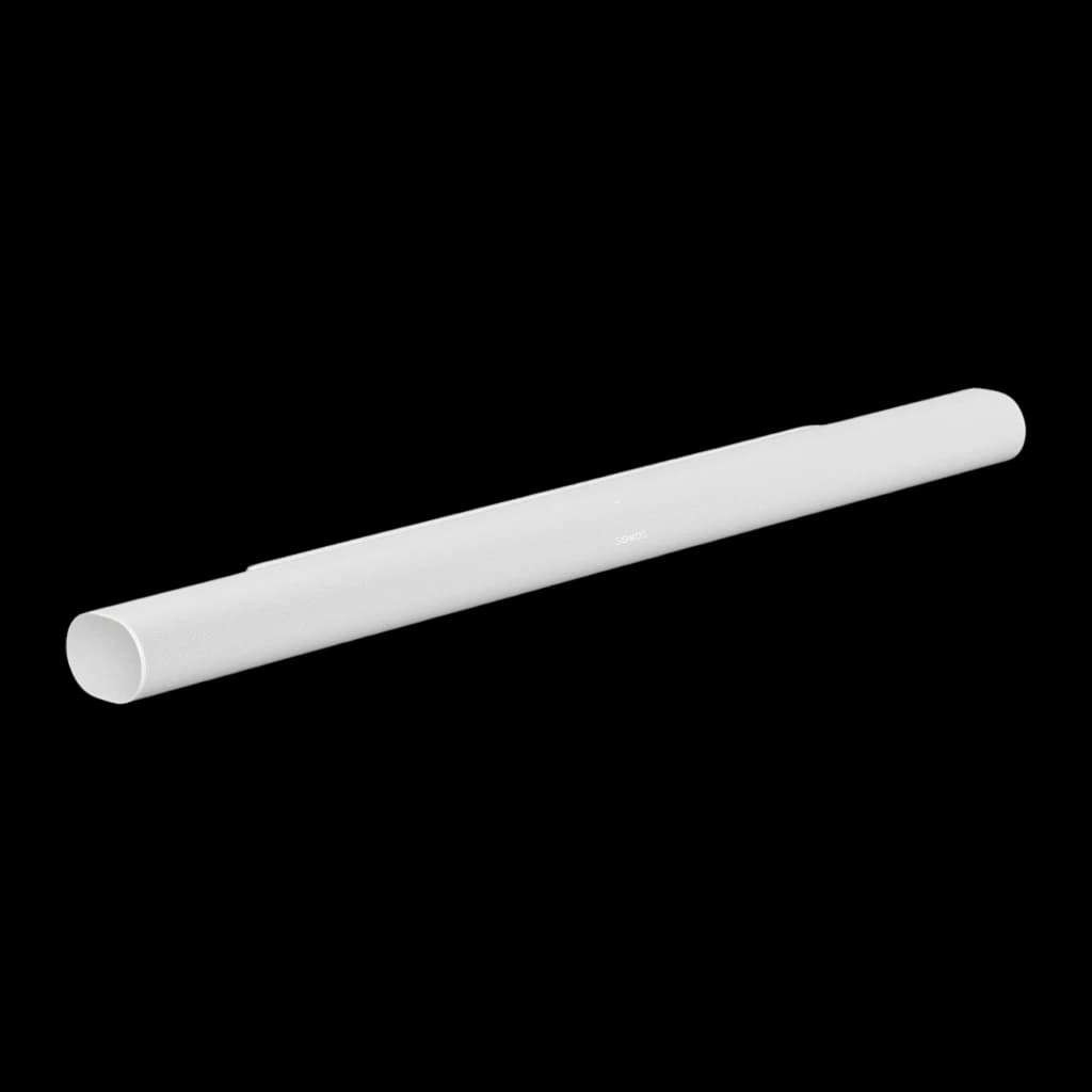 Sonos Arc Ultra blanc, vue diagonale opposée: extrémité gauche arrondie au premier plan, surface lisse sans grille visible