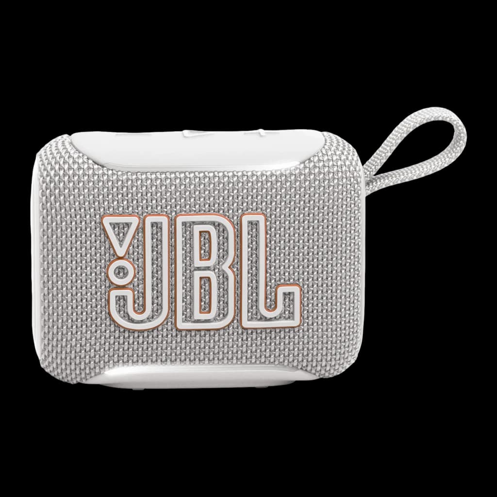 JBL Altavoz Bluetooth GO 5 Blanco, vista frontal: rejilla de tela blanca con logo JBL naranja y asa trenzada lateral