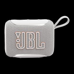 JBL Altavoz Bluetooth GO 5 Blanco, vista frontal: rejilla de tela blanca con logo JBL naranja y asa trenzada lateral