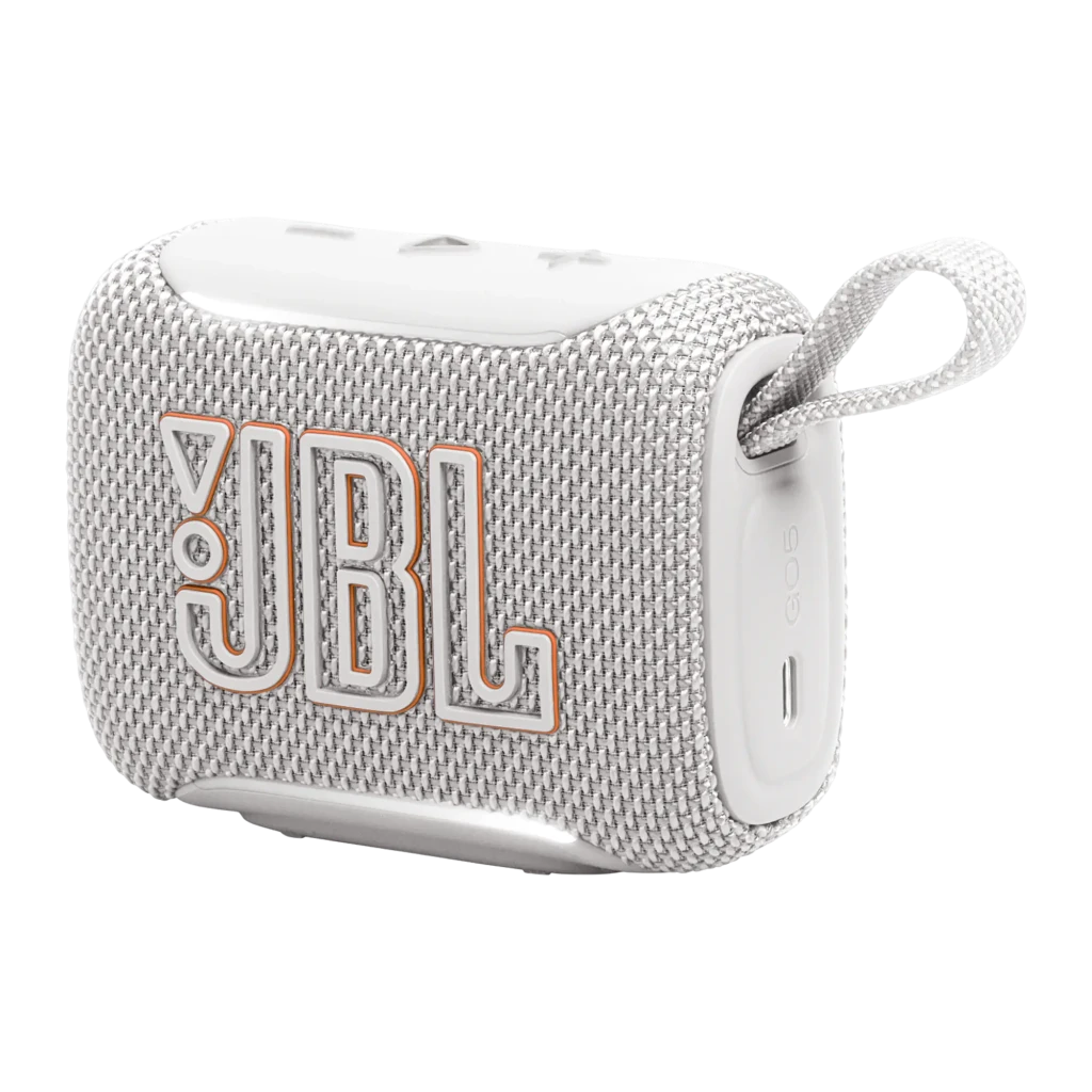 JBL Coluna Bluetooth GO 5 Branco, vista frontal: grelha de tecido branco com logótipo JBL laranja e alça trançada lateral - Item1