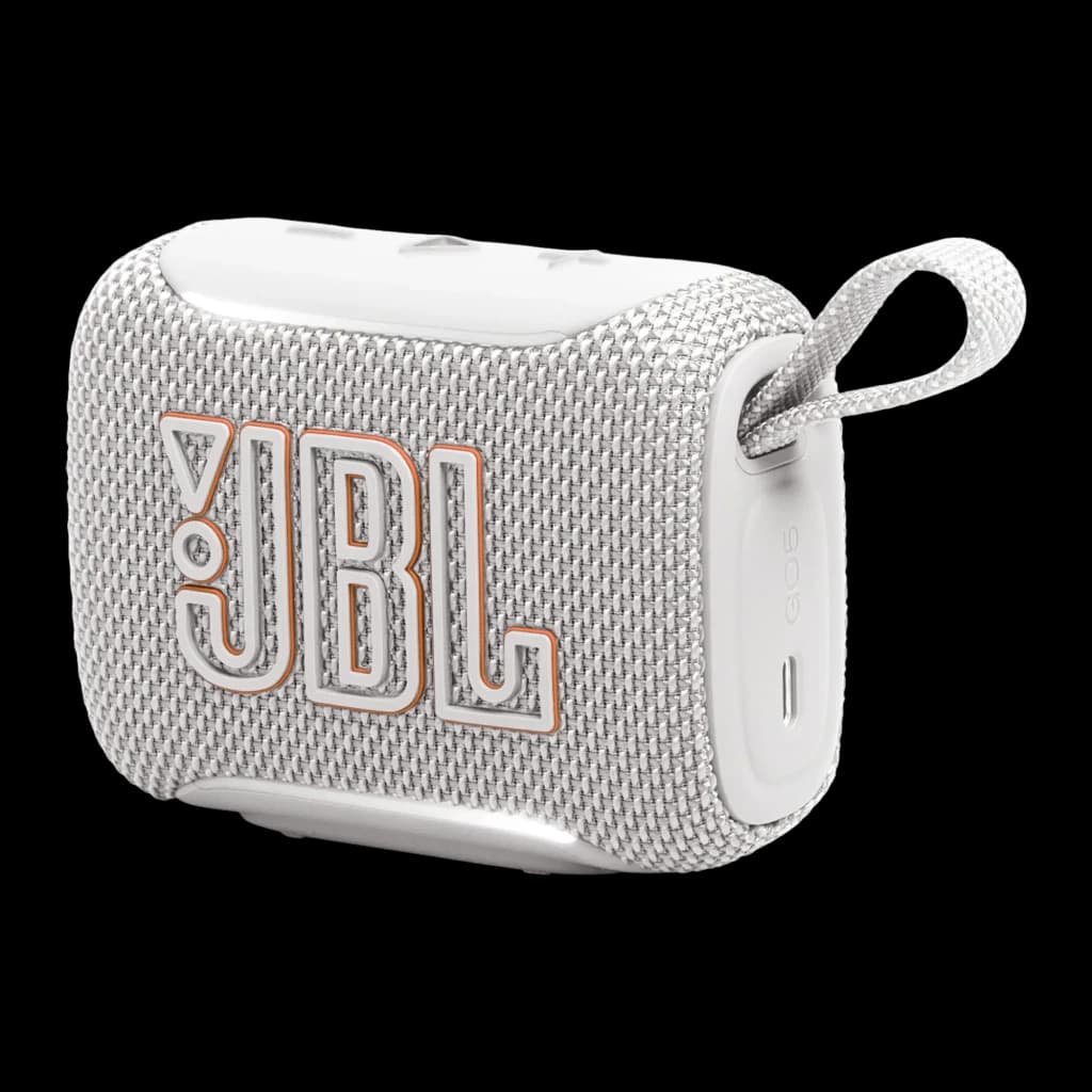 JBL Altavoz Bluetooth GO 5 Blanco, vista en ángulo: rejilla de tela, logo JBL naranja y asa de transporte lateral