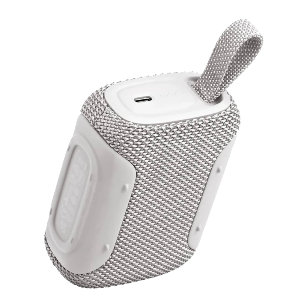JBL Coluna Bluetooth GO 5 Branco, vista frontal: grelha de tecido branco com logótipo JBL laranja e alça trançada lateral - Item4