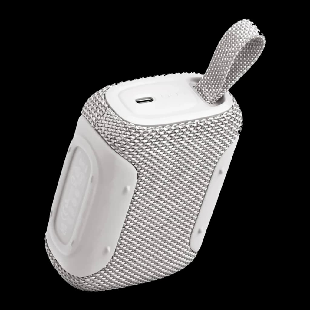 JBL Altavoz Bluetooth GO 5 Blanco, vista trasera: puerto USB-C en panel superior blanco, tela gris y pasador de correa