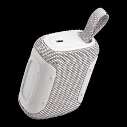 JBL Altavoz Bluetooth GO 5 Blanco, vista trasera: puerto USB-C en panel superior blanco, tela gris y pasador de correa