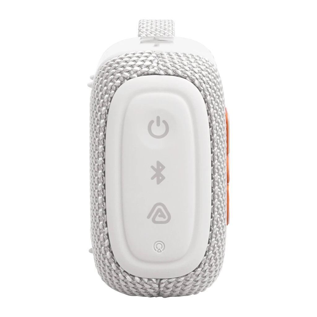 JBL Coluna Bluetooth GO 5 Branco, vista frontal: grelha de tecido branco com logótipo JBL laranja e alça trançada lateral - Item5