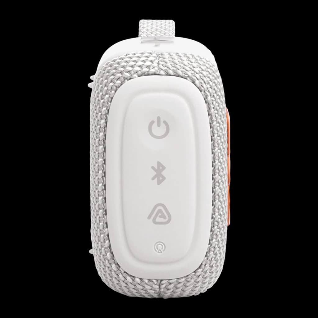 JBL Altavoz Bluetooth GO 5 Blanco, vista trasera: panel de botones con encendido, Bluetooth y JBL AI, tela gris y mosquetón