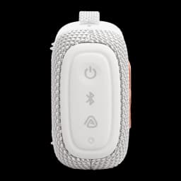 JBL Altavoz Bluetooth GO 5 Blanco, vista trasera: panel de botones con encendido, Bluetooth y JBL AI, tela gris y mosquetón