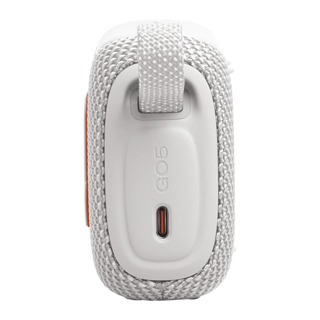 JBL Coluna Bluetooth GO 5 Branco, vista frontal: grelha de tecido branco com logótipo JBL laranja e alça trançada lateral - Item6