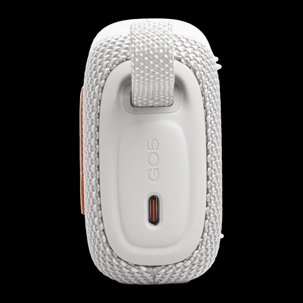 JBL Altavoz Bluetooth GO 5 Blanco, vista trasera: puerto USB-C, logo GO5 y asa de tela gris
