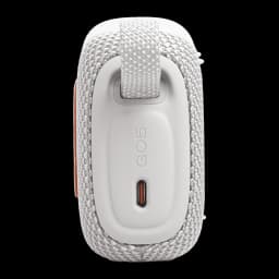 JBL Altavoz Bluetooth GO 5 Blanco, vista trasera: puerto USB-C, logo GO5 y asa de tela gris