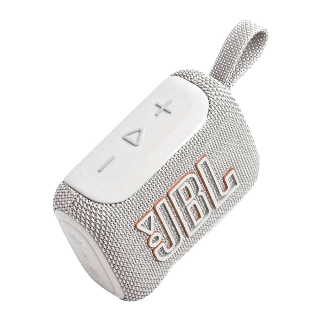 JBL Coluna Bluetooth GO 5 Branco, vista frontal: grelha de tecido branco com logótipo JBL laranja e alça trançada lateral - Item3
