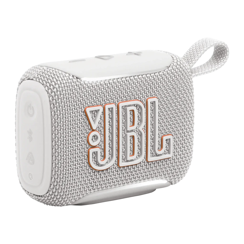 JBL Coluna Bluetooth GO 5 Branco, vista frontal: grelha de tecido branco com logótipo JBL laranja e alça trançada lateral - Item2