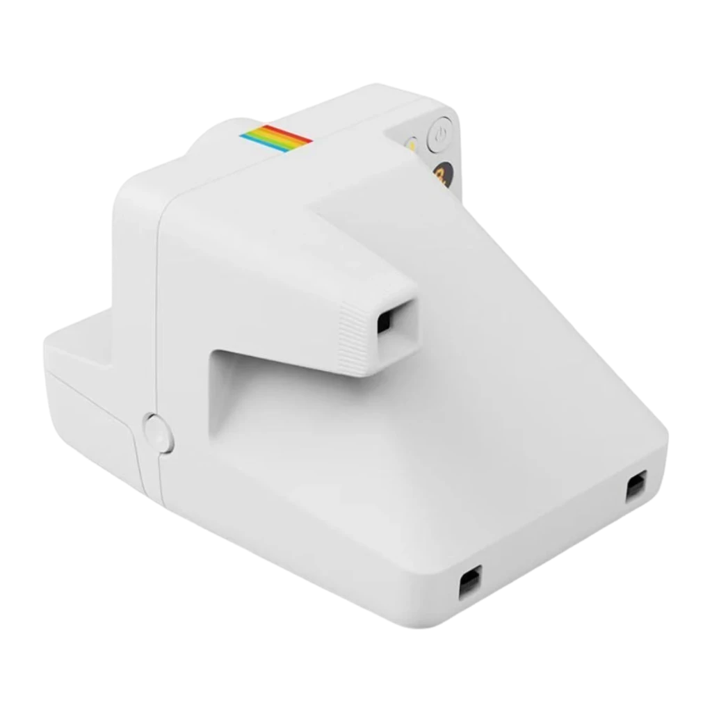 Polaroid Now+ Gen 3 blanca, vista frontal en ángulo: objetivo, flash, botón rojo y franja arcoíris - Ítem1