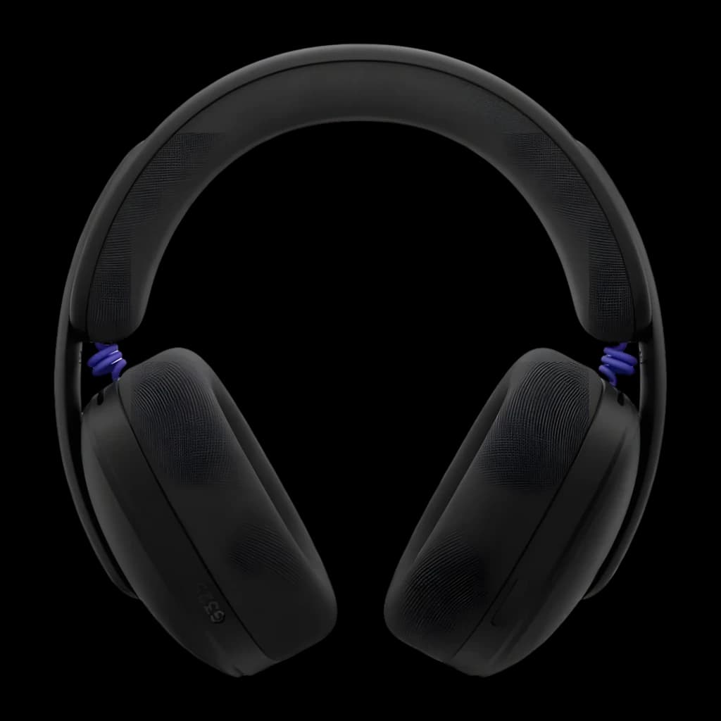 Logitech Auriculares G325 Lightspeed Preto, vista frontal: arco texturizado, almofadas e detalhes azuis nas dobradiças