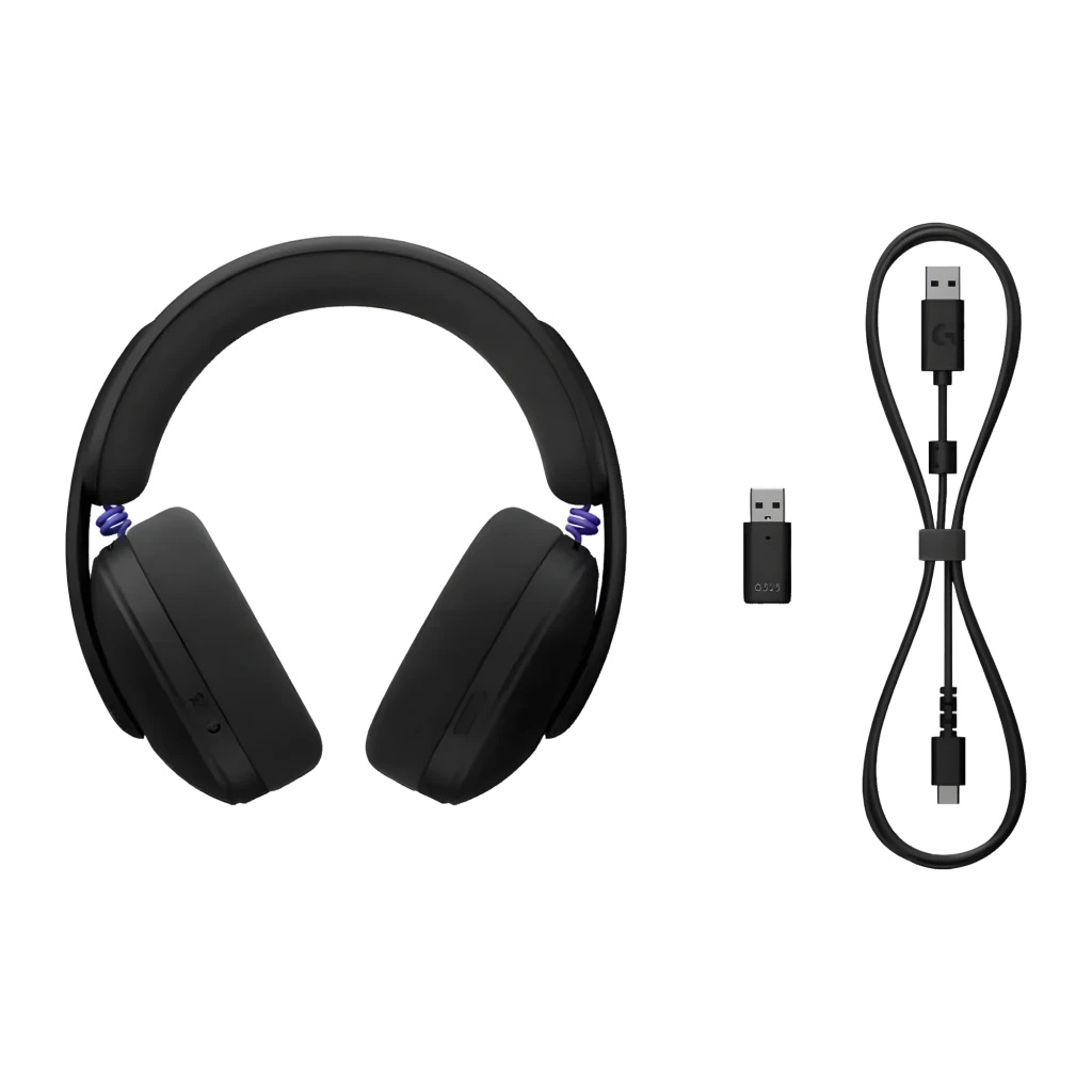 Logitech Casque G325 Lightspeed Noir, vue de face: arceau texturé, coussinets et accents bleus sur les charnières - Ítem4