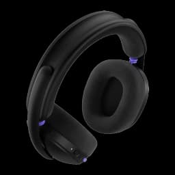 Logitech Auriculares G325 Lightspeed preto, vista lateral traseira: arco liso, almofada de tecido e detalhes roxos nas