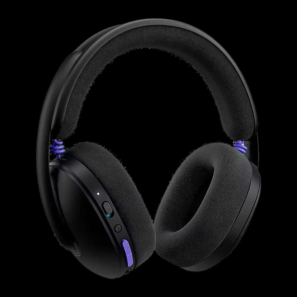 Logitech Auriculares G325 Lightspeed preto, vista frontal: almofadas de tecido, arco acolchoado e detalhes roxos nas